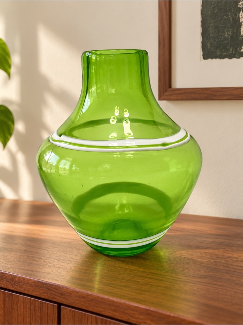 Vintage Green Hand Blown Art Glass Vase White Applied Bands 9” Heavy MCM Decor